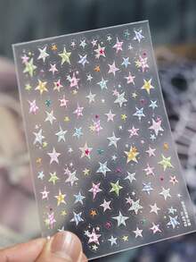 1 Sheet 5D Stereo Colorful Plaid Star Nail Stickers, Minimalist Colorful Pentagram Self-Adhesive Nail Stickers, DIY Nail Art Decor Stickers - Multicolor - View 4