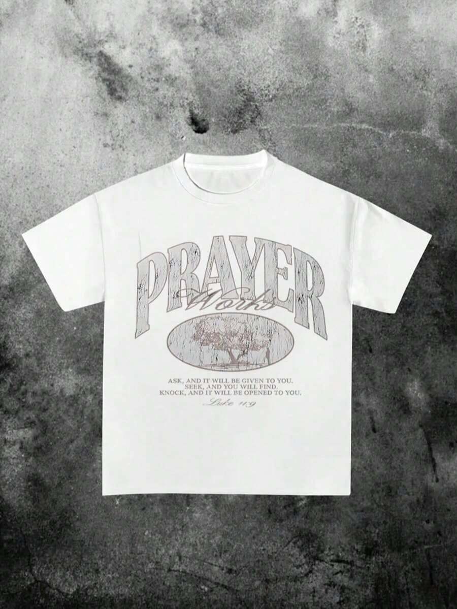 200g T-Shirt/1 Piece/100% Cotton, Men's Short Sleeve Crew Neck T-Shirt With Letter Print, Suitable For Summer - 白色 - 查看 1