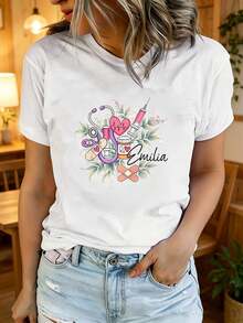 1 camiseta de verano para mujer de manga corta con estampado, moderna y casual, lavable a máquina, ajuste cómodo, estampado plano 2D, 180g 100% algodón. - Blanco - Ver 12