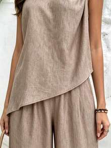 Conjunto de 2 piezas para mujer con top de tirantes con diseño de torsión elegante y pantalones anchos de pierna ancha - Marrón - Ver 6