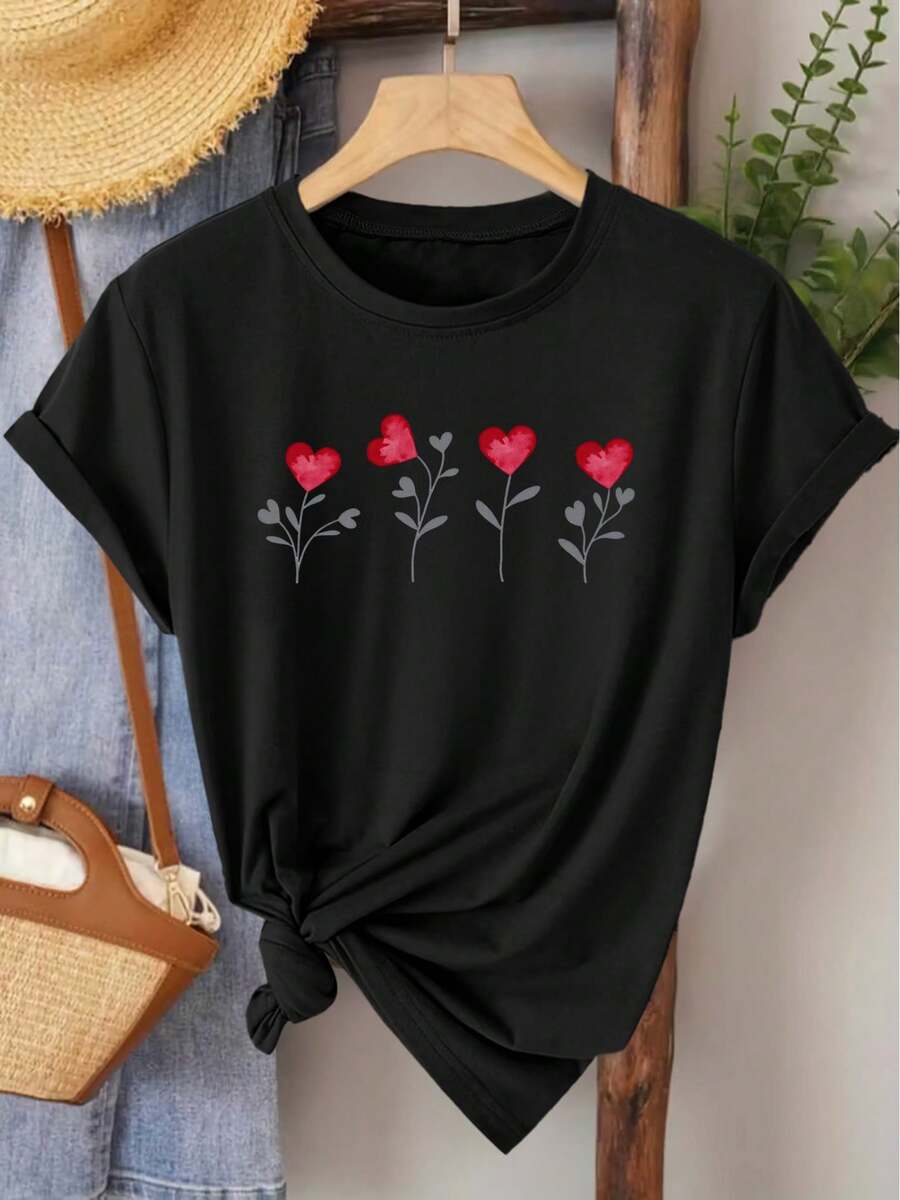 Oversized Short-Sleeved T-Shirt With Heart And Flower Print, Vintage Round Neck, Cool Woodland Style, Loose Fit, Versatile Women's Clothing For Elegant Parties And Everyday Wear, Spring-Summer 2026, 100% Cotton. - 黑色 - 查看 1