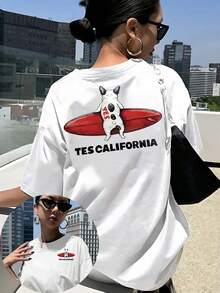 Camiseta de manga corta con estampados frontales y traseros - Bulldog Francés, estampado de moda de surf - Camiseta de mujer con estampado de moda para primavera/verano, artículo de moda, adecuada para citas de fin de semana, reuniones y viajes. Camisa elegante adecuada para fiestas. - Negro - Ver 6