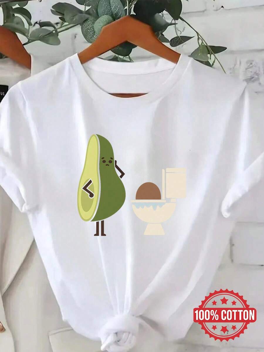 Camiseta de manga corta para mujer con cuello redondo, diseño de aguacate triste en el inodoro, estampado moderno, media manga, camiseta elástica, camiseta cómoda y eleganteDaily Casual Round Neck Short Sleeve-Shirt Women - Blanco - Ver 1
