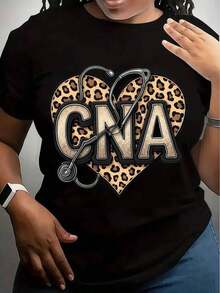 Round Neck Camiseta De Mujer CNA Con Estampado De Leopardo Y Corazón Diseño De Texto CNA Y Estampado De Leopardo Para Profesionales Médicos Perfecta Para El Trabajo, Uso Diario En Primavera Y Verano Rega Summer Essentials,Summer Outfits For Women,Graphic Tees Blusas Para Mujer Casual - Negro - Ver 6