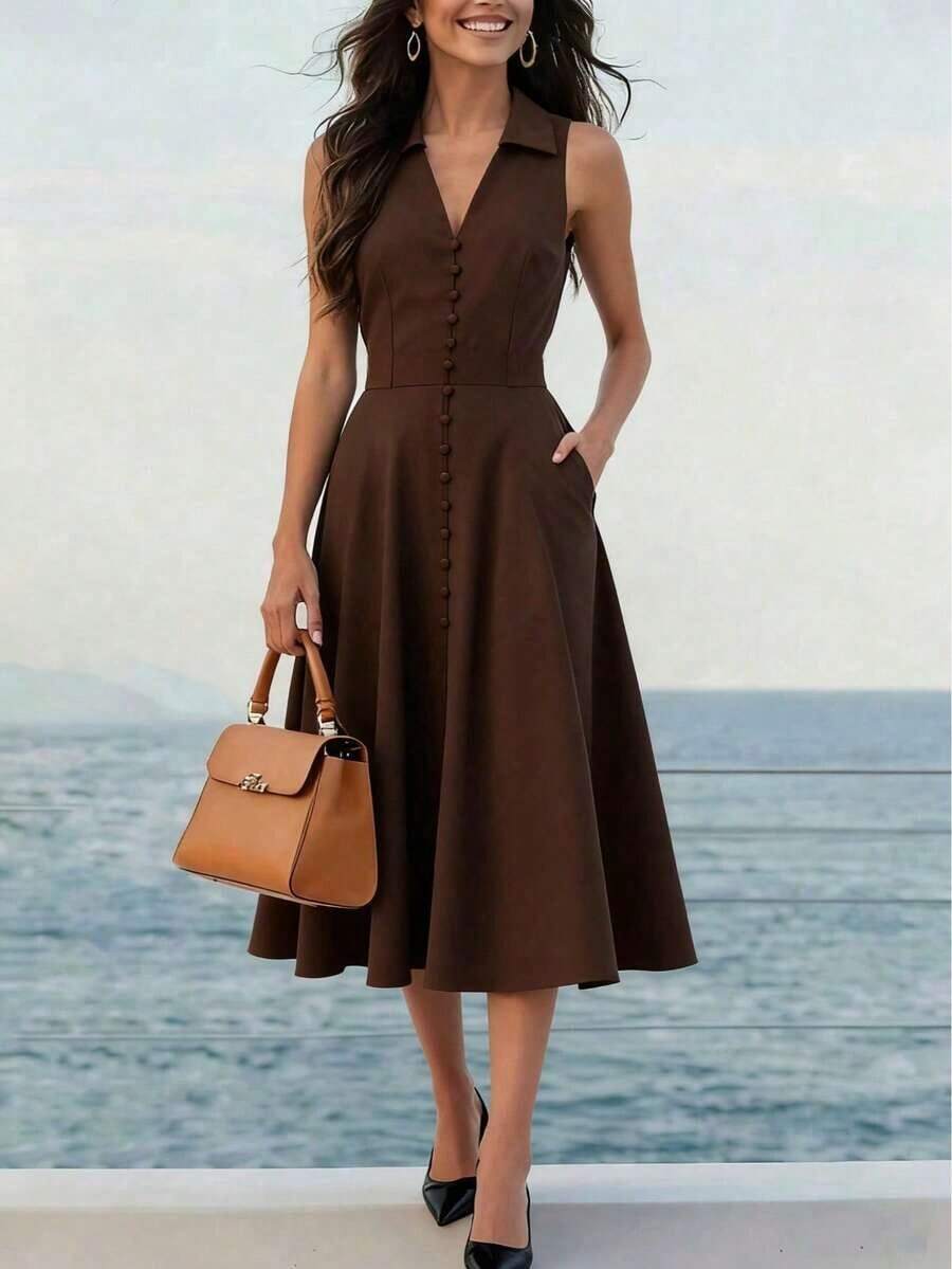 Vestido elegante francés de primavera/verano para mujer, moda minimalista, estilo retro, ropa de oficina profesional, vestido ajustado de línea A con escote en V sin mangas, con bolsillos laterales y falda de longitud media - Marrón - Ver 1