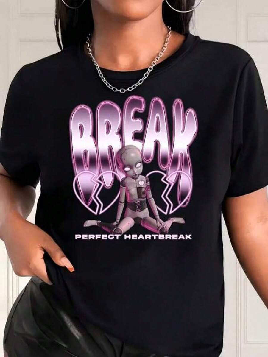 Camisetas de moda nuevas, ropa para adolescentes, camisetas gráficas para adolescentes, camisetas lindas, ropa de verano para adolescentes, camiseta corta estampada con patrón gráfico estético de corazón roto, perfecta para chicos y chicas, cuello redondo regular, tela transpirable, estilo Y2k. ,Camisas para mujer, la opción perfecta para los atuendos del Día de San Valentín,camisetas gráficas divertidas para hombre, camisetas gráficas de estilo coreano,camisas para niñas, camisetas para niños. - Negro - Ver 1