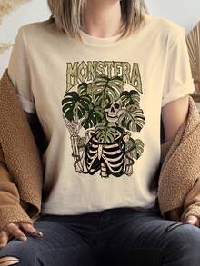 Camiseta de mujer de manga corta, de gran tamaño, con estampado de calavera, monstruo, tigre malasio y flores. |   Cómodo y casual, cuello redondo, longitud regular, patrón geométrico, versátil para estilos de primavera y verano, elegante regalo para mujeres, 100% algodón. - Albaricoque - Ver 7