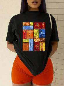 playeras de mujer algodon Ilustración colorida que representa a varios personajes animados divididos en cuadros, mostrando energía, creatividad y diversión con tonos cálidos y fríos equilibrados camiseta de mujer casual cómoda y moderna para uso diario >ropa - Negro - Ver 1
