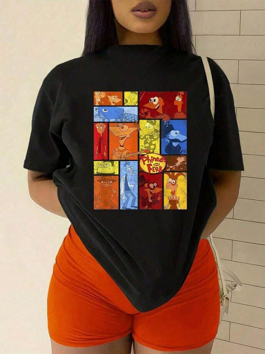 playeras de mujer algodon Ilustración colorida que representa a varios personajes animados divididos en cuadros, mostrando energía, creatividad y diversión con tonos cálidos y fríos equilibrados camiseta de mujer casual cómoda y moderna para uso diario >ropa - Negro - Ver 1