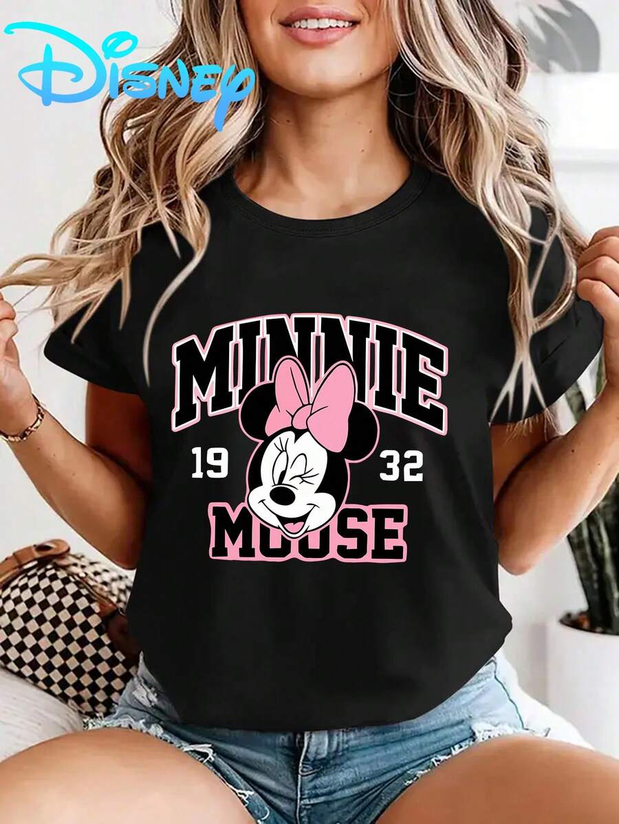 Disney Women'S Minnie Mouse Cartoon Pattern Short-Sleeved T-Shirt| Amusement Park Theme Round-Neck Top, Soft Fabric, Summer Casual Vacation Style, Fun Design, Suitable For Amusement Scene Enthusiasts, Breathable And Comfortable - 黑色 - 查看 1