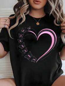 Camiseta Negra NUEVA de Moda para Mujer con Estampado de Corazón Rosa y Mariposa, Camiseta Casual de Manga Corta, Estilo Coqueta y Estético, Top Moderno de Algodón con Gráfico Romántico, Blu - Negro - Ver 7