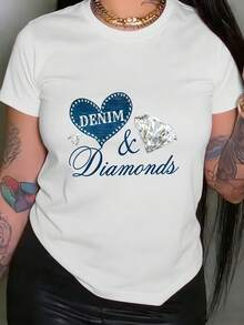 Camiseta de mujer con estampado de patrón DENIM, top casual de manga corta y cuello redondo, adecuada para verano y primavera, ropa de mujer, tops para mujer. - Negro - Ver 7