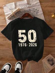 1 pieza para uso diario de mujer. Este es un artículo conmemorativo preparado para celebrar el 50º cumpleaños de alguien nacido en 1976, que cumplirá 50 años en 2026. Camiseta de manga corta con cuello redondo, casual, para primavera/verano/otoño, talla grande, para el Día de San Valentín/vuelta al cole, conjuntos de verano, ropa de verano, conjuntos para vacaciones de verano, blusas de verano para mujer, 210g, 100% algodón, los diseños están impresos. Unisexo. - Negro - Ver 5