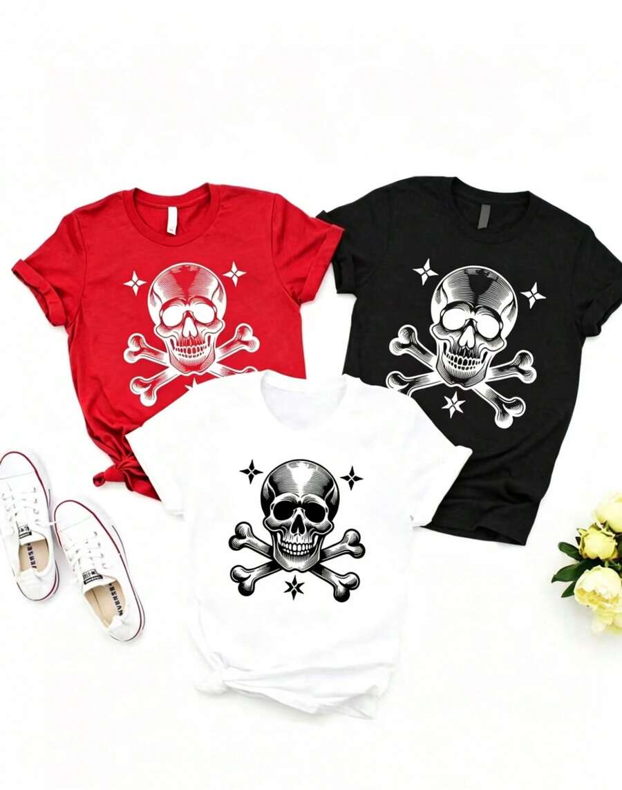 Artículo de moda: Camiseta 3 casual de streetwear, Top oversized cuello redondo daily outings, camping, concerts, hip-hop, rock, and rap events manga corta para mujer, estampada con calaveras y huesos cruzados con diseño de estrellas, camiseta de manga corta con cuello redondo para mujer, top deportivo casual transpirable de algodón puro, regalo para las vacaciones de primavera, camiseta de mujer con diseño de mariposas y Pascua. - Blanco - Ver 1
