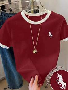 Camiseta de manga corta de verano para mujer con cuello redondo, bordado de unicornio y ribete de contraste - Burdeos - Ver 1