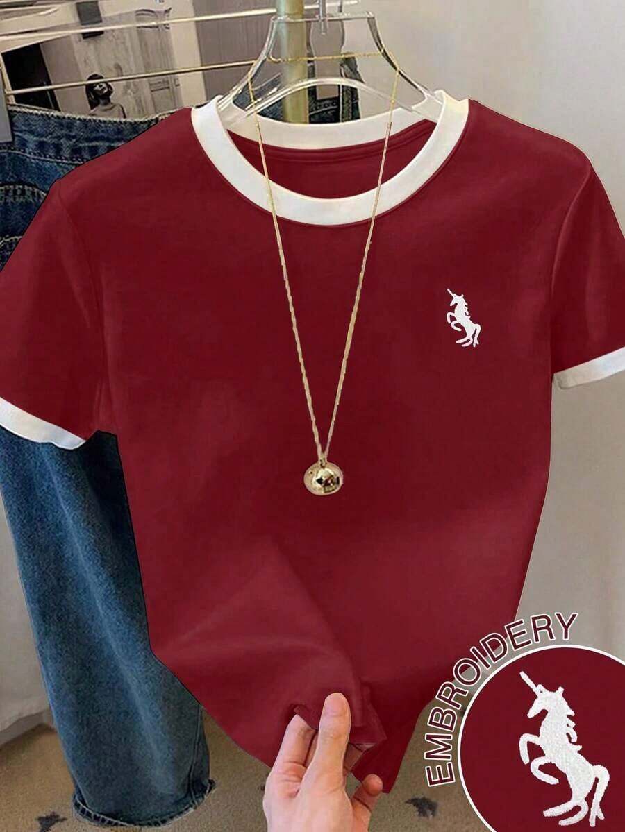Camiseta de manga corta de verano para mujer con cuello redondo, bordado de unicornio y ribete de contraste - Burdeos - Ver 1