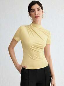 Camiseta de manga corta plisada de unicolor y elegante para mujer, casual de negocios para damas, maestras, oficina, escuela, top básico - Amarillo - Ver 8