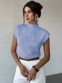 Elegante chaleco de punto sin mangas, de cuello alto, holgado y versátil, para otoño/invierno - Celeste - Ver 12