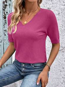 Blusa de punto de manga corta regular con cuello en V casual y versátil - Rosa Fucsia - Ver 8