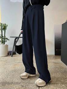 Pantalones rectos plisados de unicolor para mujer, pantalones de vestir casuales de otoño - Azul marino - Ver 4