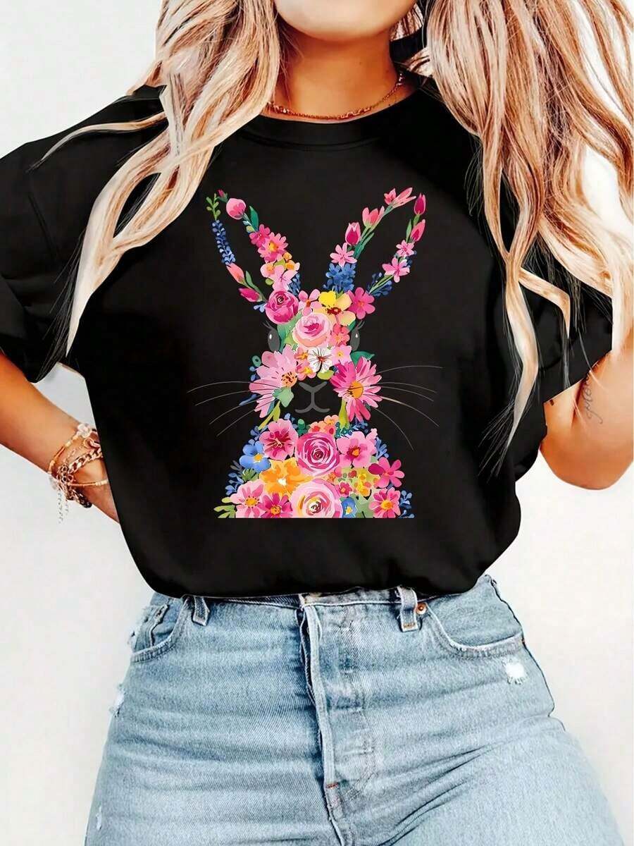 Camiseta Vintage de Mujer con Estampado de Conejo - Blusa Suave y Transpirable de Manga Corta y Cuello Redondo, Top Casual para Primavera, Verano y Otoño con Estampado de Conejo y Patrones, Lavable a Máquina, Regalo para Pascua - Negro - Ver 1