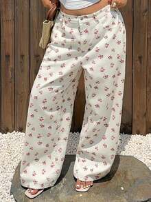 Plus Jeans de pierna recta con estampado floral para mujer de talla grande, de verano - Blanco - Ver 7