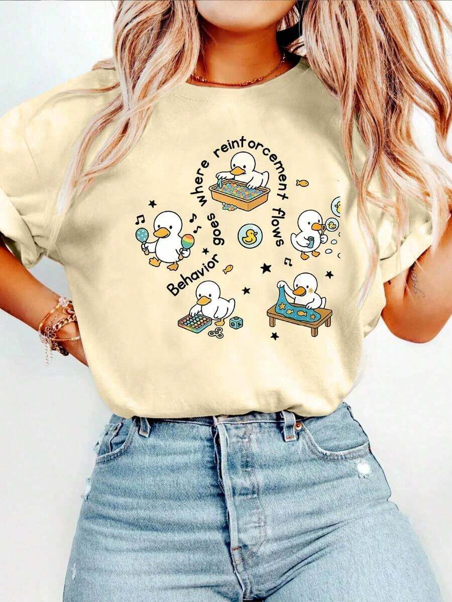 Behavior Follows Reinforcement. This Casual Women's Short-Sleeved Crew Neck T-Shirt Is Perfect For Spring And Summer. Suitable For Spring, Summer, And Fall. - Apricot - View 1