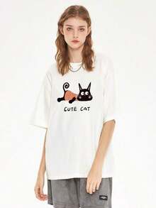Women's Cute Cat Striped Short Sleeve T-Shirt, Casual Loose Summer Top - Simple Graphic Print Summer T-Shirts, Casual Mother's Day Gift. Suitable For Spring, Summer, And Autumn. - 白色 - 查看 7