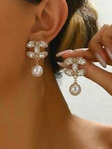 1 par de pendientes elegantes con cristal y perla falsa de diseño en forma de doble C, adecuados para uso diario, citas y reuniones, con un diseño gracioso y versátil - pendientes de perlas - Ver 6