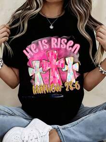 Nueva Llegada 2026 Camiseta de Pascua con Cruz "Él Ha Resucitado" Mateo 28:6 Camiseta Cristiana para Mujer Regalo Religioso Top para Primavera Verano Tejido Suave Transpirable Moda 100% Algodón Uso Diario Camiseta para Mujer con Estampado Gráfico - Negro - Ver 7