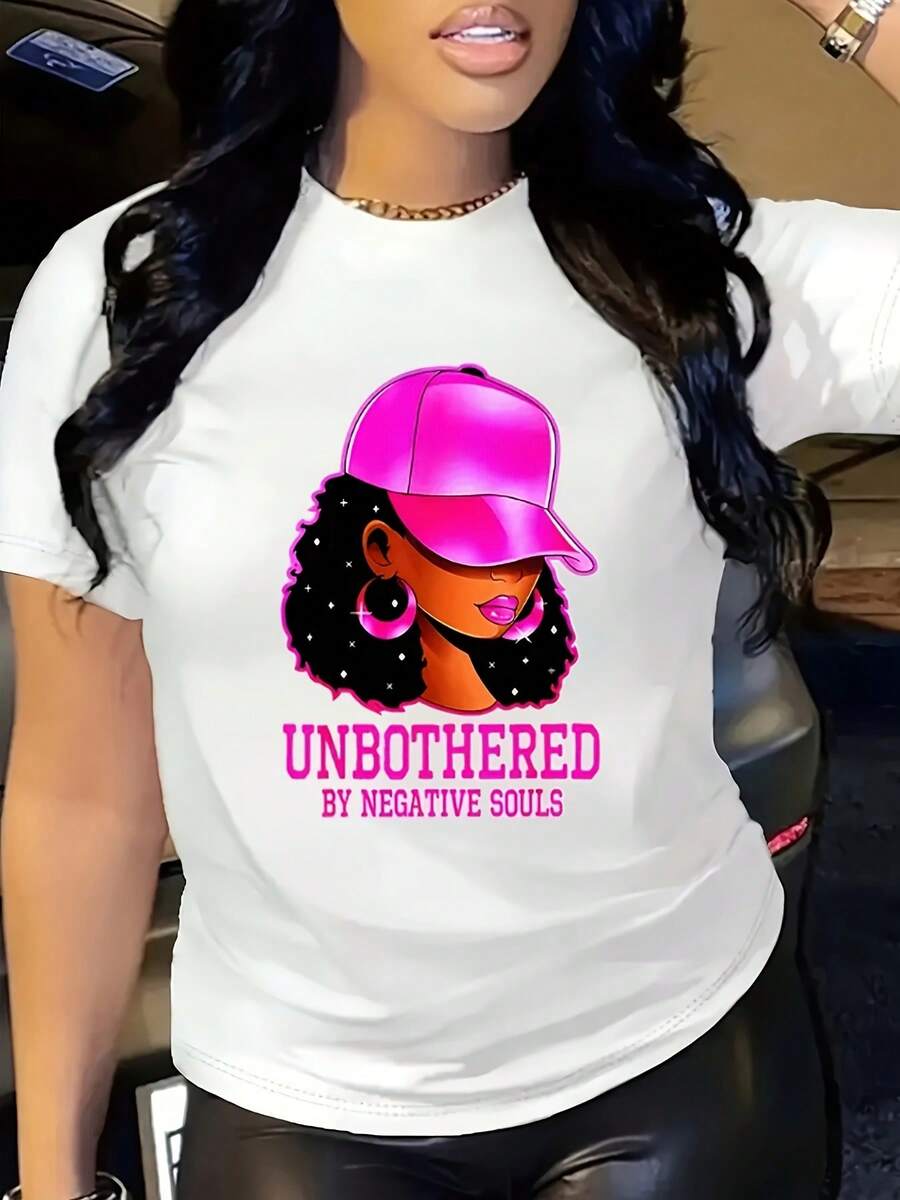 Camiseta Casual de Cuello Redondo para Mujer - Estilo Ombre con Estampado de Retrato Femenino (Estilo Desarrollador del Comprador) | Lavable a Máquina, Básico para Looks Casuales - Blanco - Ver 1