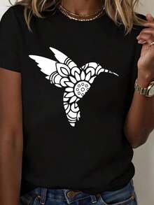 Camiseta Casual para Mujer, Blanca, con Estampado de Colibrí, Top de Verano para Uso Diarioblusa casual mujer - Negro - Ver 1