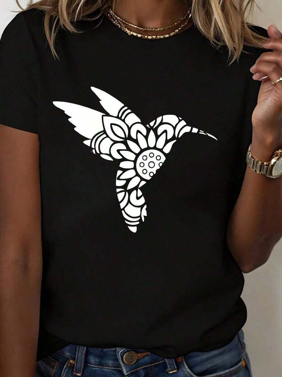 Camiseta Casual para Mujer, Blanca, con Estampado de Colibrí, Top de Verano para Uso Diarioblusa casual mujer - Negro - Ver 1