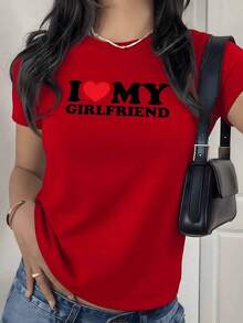 Camiseta con Estampado Gráfico 'Declaración de Amor', 180g, 1 Pieza, Frase Romántica, Camiseta Casual para Mujer, 100% Algodón, Estilo Streetwear - Rojo - Ver 9