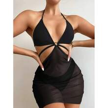 Nuevo y sexy traje de baño de tres piezas para mujer, de color sólido o multicolor, con bikini de malla y falda larga. - Marrón - Ver 3