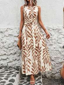 Vestido de verano sin mangas con cuello redondo, cintura ajustada y estampado todo sobre todo, para uso casual y vacaciones - Multicolor - Ver 7