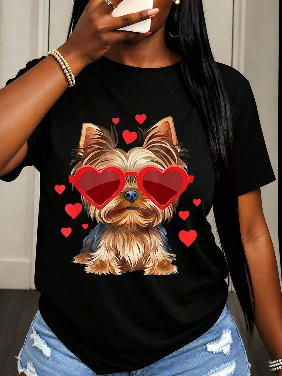 Women's Casual T-Shirt With Yorkie Dog Print With Heart-Shaped Sunglasses And Hearts For Valentine's Day And Everyday Wear - 黑色 - 查看 1