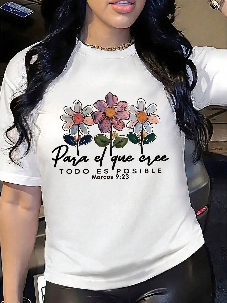 Women's Casual Floral Print Short Sleeve Round Neck T-Shirt with Drop Shoulder, Knitted Fabric Top for Fall