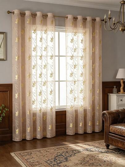 1pc Metallic Floral Sheer Curtain - Maple Leaf Meteor Semi-Transparent Voile Curtain, Top Ring Design, Semi-Sheer Filtering Curtain, Suitable For Living Room, Bedroom, Balcony And Other Decorative Windows | Living Room Curtain
