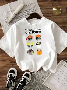 Camiseta de Mujer Casual de Corte Holgado, Opciones en Blanco y Negro, Estampado de Sushi, Camiseta Gráfica Divertida, Tops de Verano, Camisetas para Damas, Conjuntos de Verano, Camisetas Gráficas para Mujer, Tops Cortos para Mujer, Camisetas Vintage de Algodón, Ropa Linda para Mujer, Playera Holgada para Mujer - Blanco - Ver 2