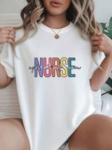 Camiseta de Mujer Casual de Corte Holgado, Opciones en Blanco y Negro, Camiseta Gráfica Colorida con Estampado de ENFERMIERA, Camisetas Cómodas para Uso Diario, Tops de Verano, Camisetas Gráficas, Conjuntos de Verano, Camisetas Cortas para Mujer, Camisetas Vintage de Algodón, Ropa Linda para Mujer, Playera Holgada para Mujer - Blanco - Ver 7