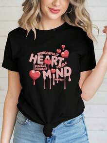 ComfortableCamiseta estampada para mujer |   Camiseta casual de manga corta y cuello redondo en rojo brillante, con un exquisito estampado de letras elegantes en forma de corazón, ligera y perfecta para viajes de verano. YNRLFashion Camiseta de Manga Corta para Mujer, Estilo Básico para Uso Interior y Exterior - Negro - Ver 8