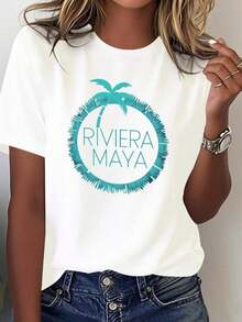 Comfortable, Lightweight Women's T-Shirt From The Mexican Riviera Maya Palm Tree Pure Label Brand, 100% Cotton, A Popular Choice. Short-Sleeved Women's T-Shirt, A Basic Style Suitable For Indoor And Outdoor Wear. - 白色的 - 查看 7