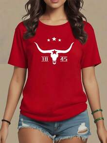 ComfortableCráneo de toro con cuernos extendidos símbolo de fuerza libertad y espíritu del oeste bajo tres estrellas y números 1845 camiseta de mujer 100% algodón suave y cómodaFashion All-match Women's Short Sleeve T-shirt, Basic Style for Inner & Outer Wear - Rojo - Ver 9