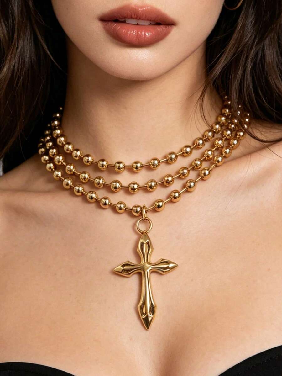 1pc Fashion Punk Style Cross Gold Beaded Multi-Layer Necklace, Suitable For Women's Daily, Party, Music Festival Wear