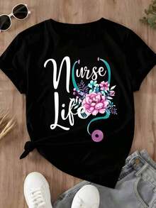 Camiseta de Mujer con Estampado de Estetoscopio y Flores para Enfermeras, Ropa Casual de Verano - Negro - Ver 2