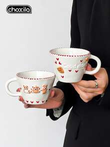 choxila 1pc Handpainted Cartoon Bear Ceramic Coffee Cup, Cute Croissant Pattern Espresso Cup, Coffee Cup, Saudi Arabian Coffee Cup, Couple Cup, Milk Cup, Embossed Pattern Design. Suitable For: Afternoon Tea, Bedroom, Living Room, Office, Gift For Friends/Couples, Family Gathering, Camping, Cafe, Hotel - Coffee Cup - View 1