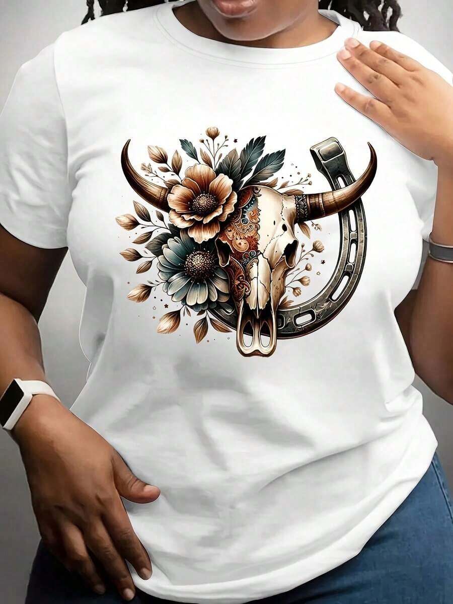 100% algodón, camiseta de mujer, camiseta de talla grande de manga corta para mujer, estampado de calavera de toro negro, flores y herradura, ropa casual. - Blanco - Ver 1
