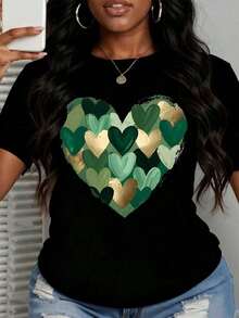 Camiseta Divertida de Manga Corta con Estampado de Corazones Verdes y Dorados para Mujer, 100% Algodón, Camiseta Casual para Uso Diario, Fiesta, Regalo para Vacaciones, 100% Algodón Puro - Negro - Ver 7