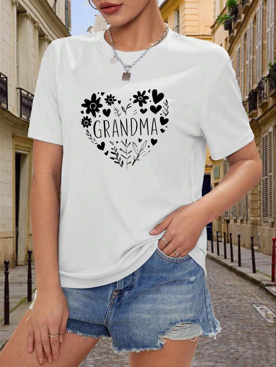 Women's Designer T-Shirt In Y2K Style With "Granny" And Heart Motifs And Floral Prints - Slim-Fit Short-Sleeve Top, Casual Summer Wear, Machine-Washable Stretch Fabric (Wrinkle-Resistant), Suitable For Casual Wear And Layering. NZCA - 白色 - 查看 1